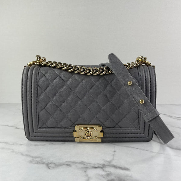 CHANEL Grey Caviar Quilted Medium Boy Flap Bag