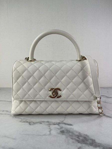 CHANEL White Caviar Quilted Medium Coco Handle Shoulder Flap Bag