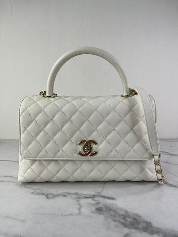 CHANEL White Caviar Quilted Medium Coco Handle Shoulder Flap Bag