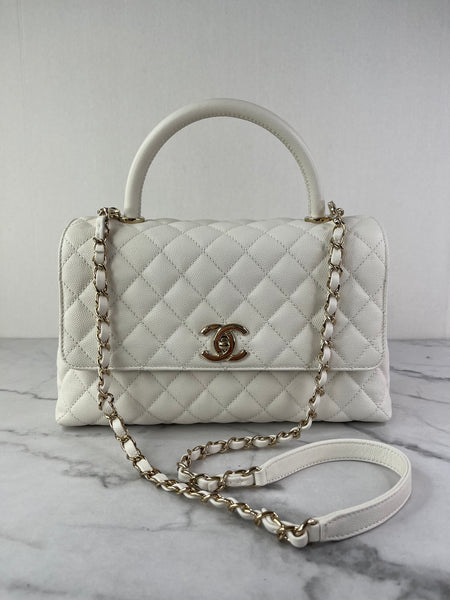 CHANEL White Caviar Quilted Medium Coco Handle Shoulder Flap Bag