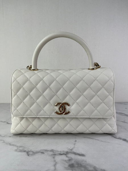 CHANEL White Caviar Quilted Medium Coco Handle Shoulder Flap Bag