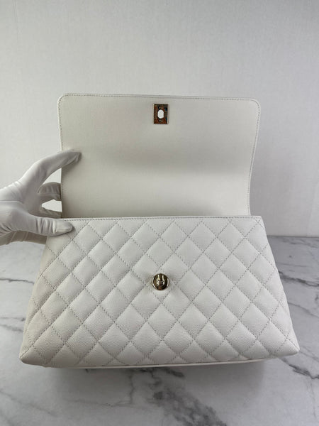 CHANEL White Caviar Quilted Medium Coco Handle Shoulder Flap Bag