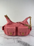 CHANEL Coral Pink Shiny Lambskin Quilted Trendy Pockets Hobo Shoulder Bag