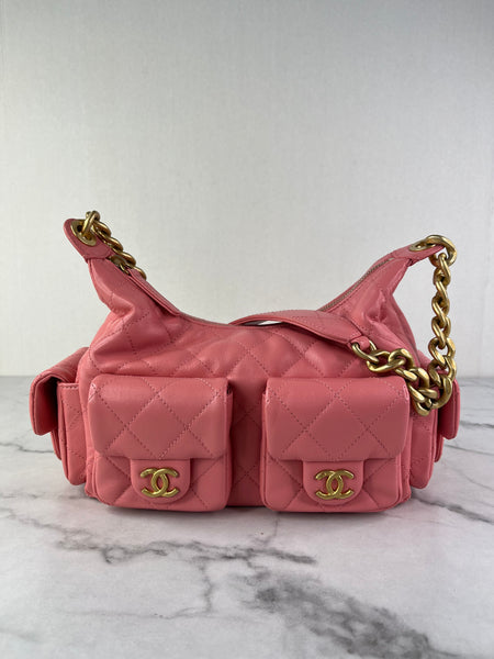 CHANEL Coral Pink Shiny Lambskin Quilted Trendy Pockets Hobo Shoulder Bag