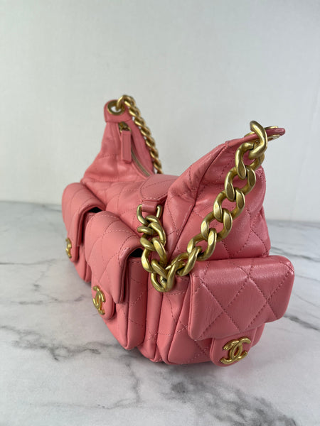 CHANEL Coral Pink Shiny Lambskin Quilted Trendy Pockets Hobo Shoulder Bag