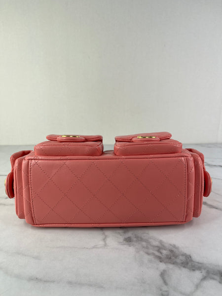 CHANEL Coral Pink Shiny Lambskin Quilted Trendy Pockets Hobo Shoulder Bag