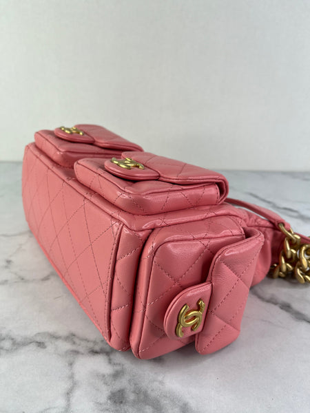 CHANEL Coral Pink Shiny Lambskin Quilted Trendy Pockets Hobo Shoulder Bag