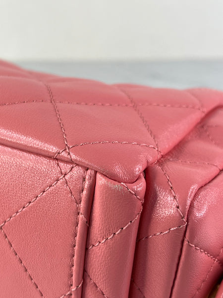 CHANEL Coral Pink Shiny Lambskin Quilted Trendy Pockets Hobo Shoulder Bag