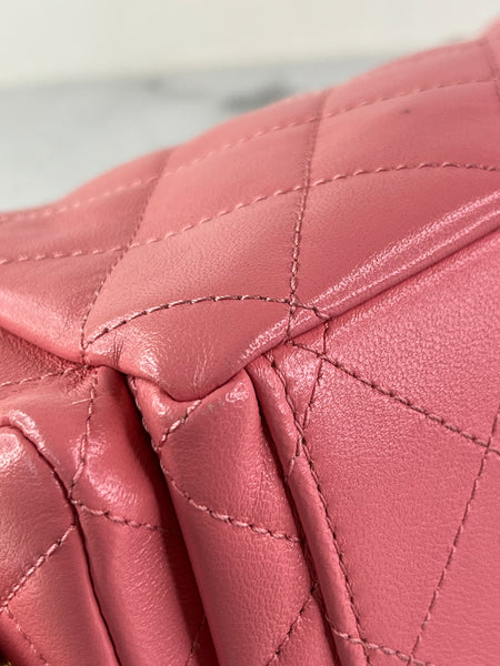CHANEL Coral Pink Shiny Lambskin Quilted Trendy Pockets Hobo Shoulder Bag