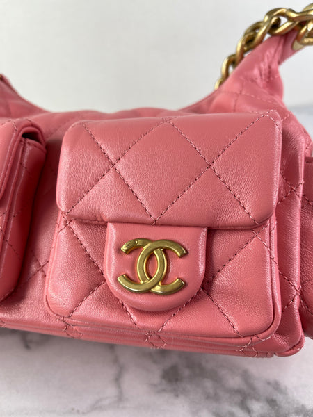 CHANEL Coral Pink Shiny Lambskin Quilted Trendy Pockets Hobo Shoulder Bag
