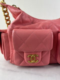 CHANEL Coral Pink Shiny Lambskin Quilted Trendy Pockets Hobo Shoulder Bag
