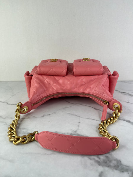 CHANEL Coral Pink Shiny Lambskin Quilted Trendy Pockets Hobo Shoulder Bag