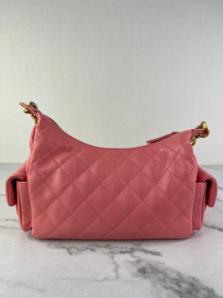 CHANEL Coral Pink Shiny Lambskin Quilted Trendy Pockets Hobo Shoulder Bag
