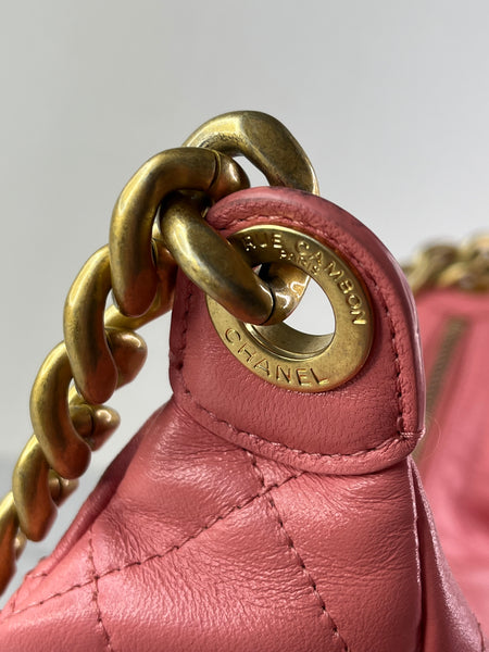 CHANEL Coral Pink Shiny Lambskin Quilted Trendy Pockets Hobo Shoulder Bag