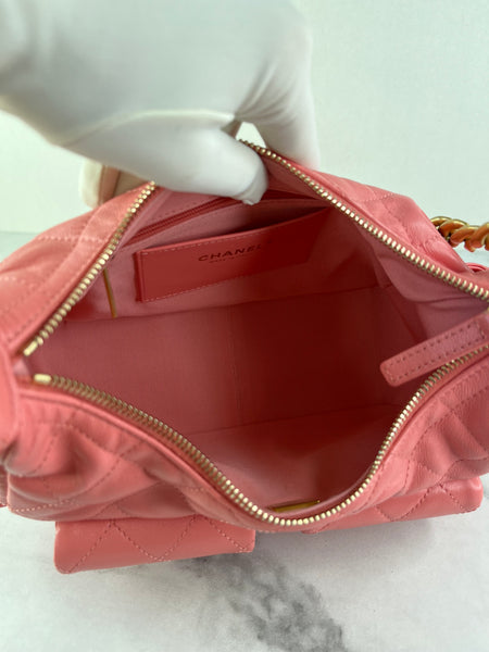 CHANEL Coral Pink Shiny Lambskin Quilted Trendy Pockets Hobo Shoulder Bag