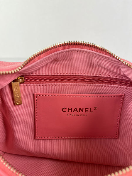 CHANEL Coral Pink Shiny Lambskin Quilted Trendy Pockets Hobo Shoulder Bag