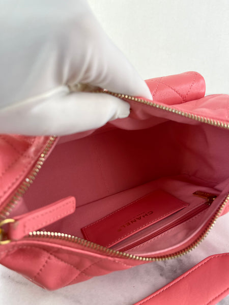 CHANEL Coral Pink Shiny Lambskin Quilted Trendy Pockets Hobo Shoulder Bag