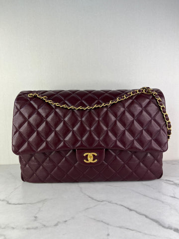 CHANEL Burgundy Grained Calfskin Quilted XXL Travel Flap Bag