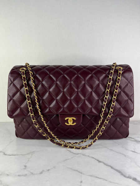CHANEL Burgundy Grained Calfskin Quilted XXL Travel Flap Bag