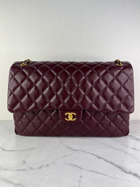 CHANEL Burgundy Grained Calfskin Quilted XXL Travel Flap Bag