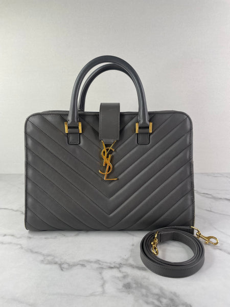 Saint Laurent Grey Calfskin Matelasse Chevron Small Monogram Cabas Shoulder/Crossbody Bag