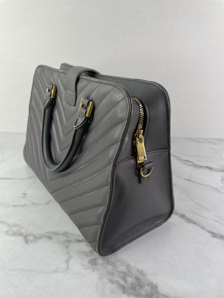 Saint Laurent Grey Calfskin Matelasse Chevron Small Monogram Cabas Shoulder/Crossbody Bag