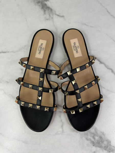 VALENTINO Black Rockstud Flat Slide Sandals Size 37