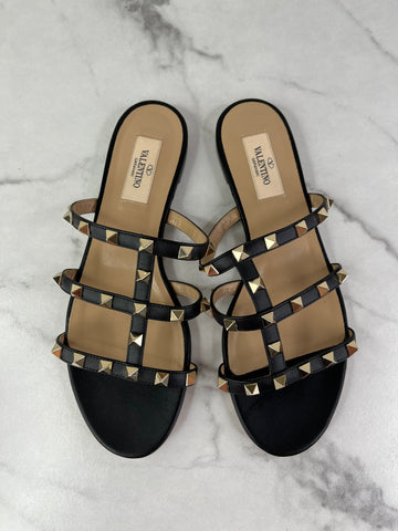 VALENTINO Black Rockstud Flat Slide Sandals Size 37