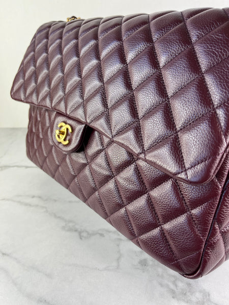 CHANEL Burgundy Grained Calfskin Quilted XXL Travel Flap Bag