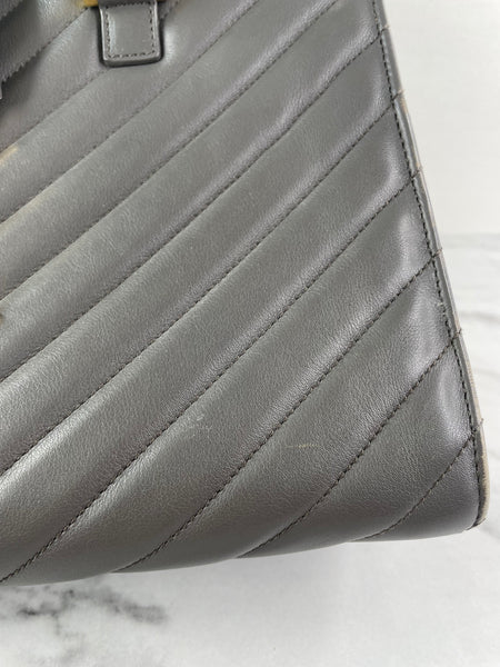 Saint Laurent Grey Calfskin Matelasse Chevron Small Monogram Cabas Shoulder/Crossbody Bag