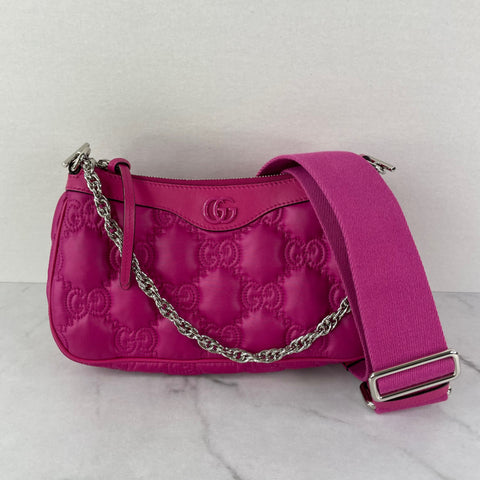 GUCCI Lovely (Pink) Nylon Calfskin Enamel GG Matelasse Chain Crossbody/Shoulder Bag