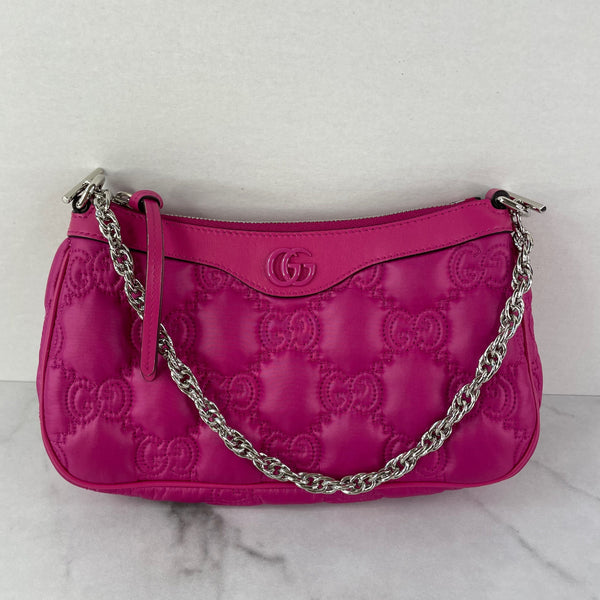 GUCCI Lovely (Pink) Nylon Calfskin Enamel GG Matelasse Chain Crossbody/Shoulder Bag