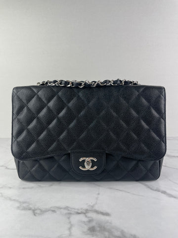 CHANEL Black Caviar SHW Classic Jumbo Single Flap Bag