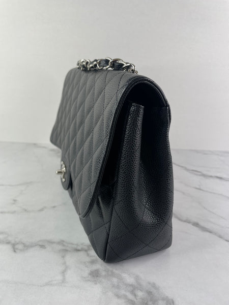 CHANEL Black Caviar SHW Classic Jumbo Single Flap Bag