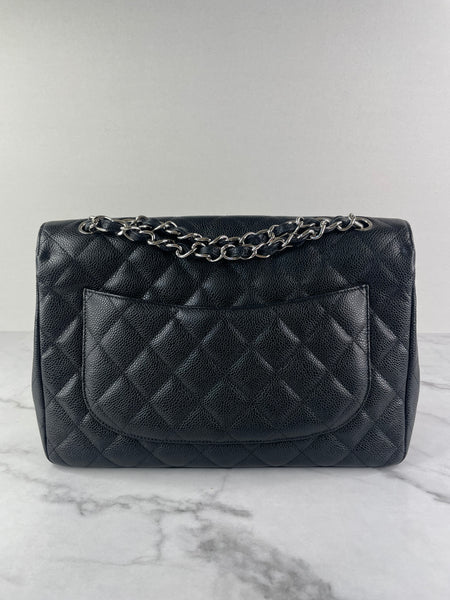 CHANEL Black Caviar SHW Classic Jumbo Single Flap Bag