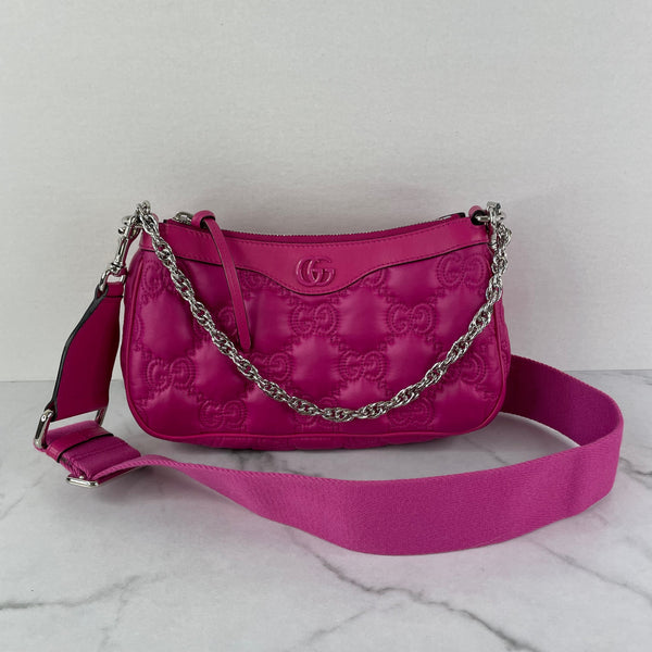 GUCCI Lovely (Pink) Nylon Calfskin Enamel GG Matelasse Chain Crossbody/Shoulder Bag