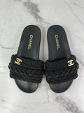CHANEL Black Leather and Beaded Pearls CC Pool Slides Size 37