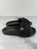 CHANEL Black Leather and Beaded Pearls CC Pool Slides Size 37