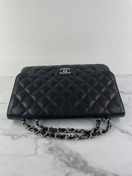 CHANEL Black Caviar SHW Classic Jumbo Single Flap Bag
