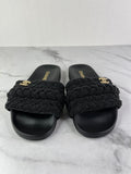 CHANEL Black Leather and Beaded Pearls CC Pool Slides Size 37