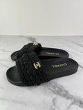 CHANEL Black Leather and Beaded Pearls CC Pool Slides Size 37