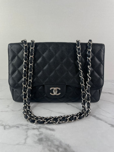 CHANEL Black Caviar SHW Classic Jumbo Single Flap Bag