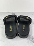 CHANEL Black Leather and Beaded Pearls CC Pool Slides Size 37