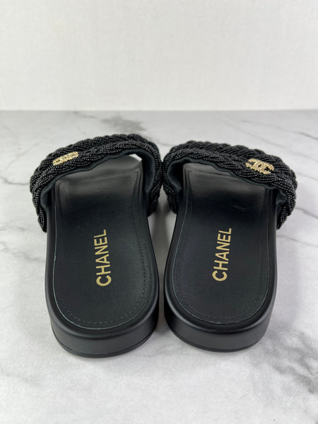 CHANEL Black Leather and Beaded Pearls CC Pool Slides Size 37