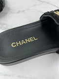 CHANEL Black Leather and Beaded Pearls CC Pool Slides Size 37