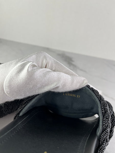 CHANEL Black Leather and Beaded Pearls CC Pool Slides Size 37