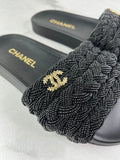 CHANEL Black Leather and Beaded Pearls CC Pool Slides Size 37