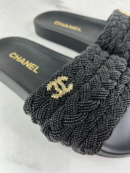 CHANEL Black Leather and Beaded Pearls CC Pool Slides Size 37
