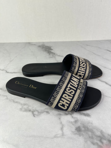 CHRISTIAN DIOR Deep Blue Embroidered Cotton Dway Slides Size 37