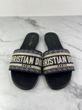 CHRISTIAN DIOR Deep Blue Embroidered Cotton Dway Slides Size 37